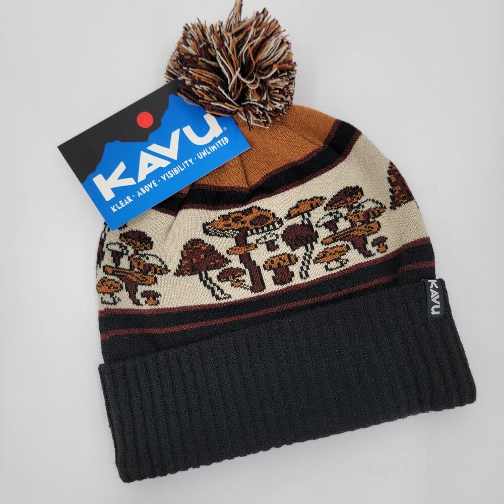 Kavu Pom Beanie Herschel Shroom Loom Knit Hat OSFM Black Brown Cream